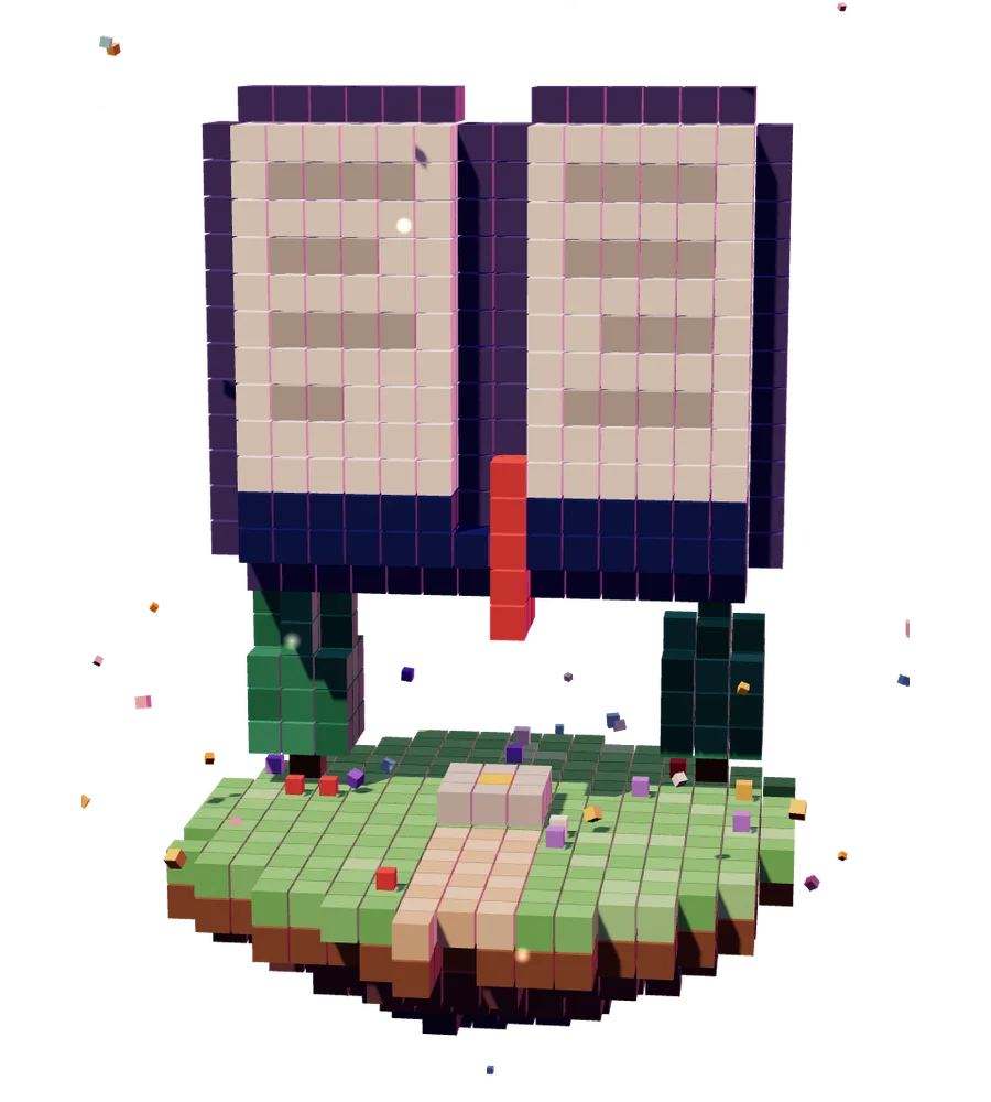 Un libro hecho de bloques que flota sobre una isla y se transforma en un mando de videojuego