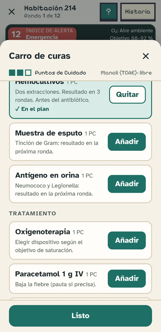 Captura del juego: el carro de curas con hemocultivos, muestras, oxigenoterapia y medicación