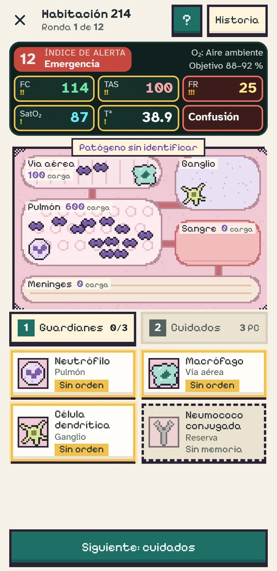 El mismo tema en The Nurse Guardian: monitor de constantes del paciente, el pulmón infectado y los Guardianes listos para el combate