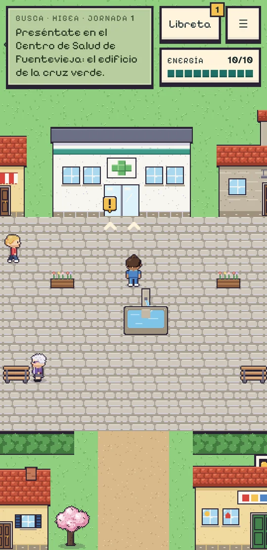 Captura del juego: el personaje en la plaza de Fuentevieja, frente al centro de salud